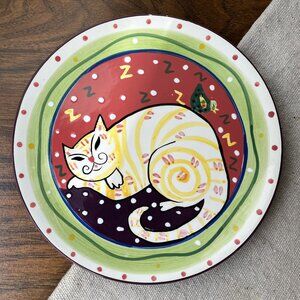 Dana Simson Cat Plate 8.5" Hand Painted Sleeping Plate and Bird Art Impressions